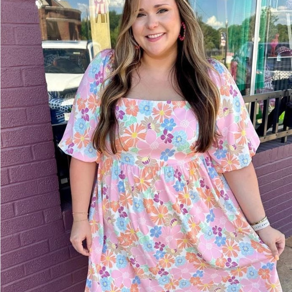Floral Pink Dress with Square Neckline